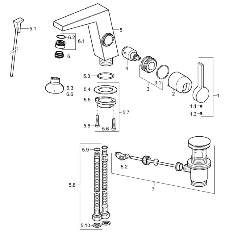 Schematische Darstellung eines HANSALOFT Einhebelmischers mit Ablaufgarnitur. Einzelteile sind nummeriert und angeordnet zur einfachen Identifikation und Montage.