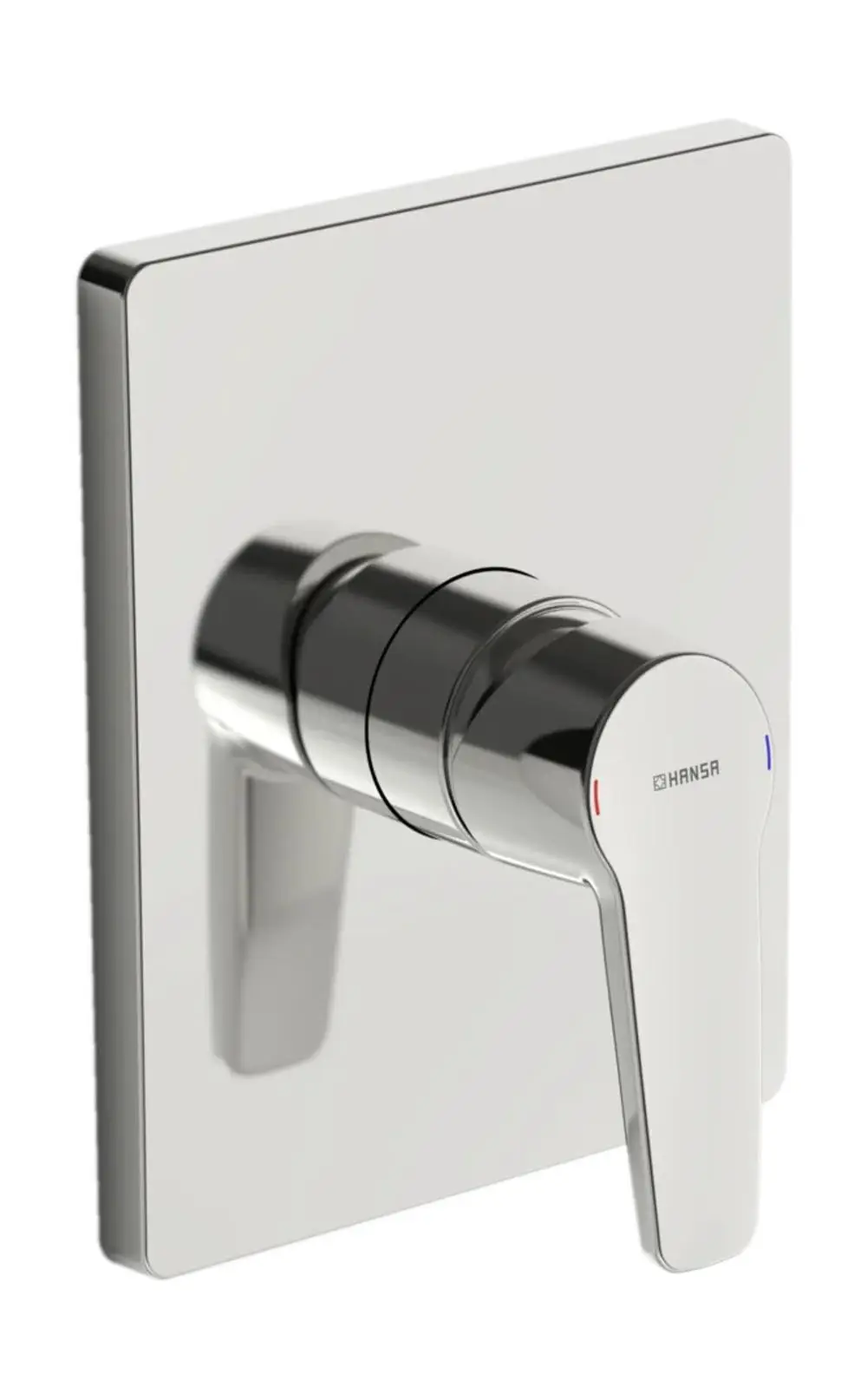 Hansa-Brausebatterie mit schmalem, quadratischem Bedienfeld und einem Hebel zur Temperatur- und Wassermengenregulierung. Gehalten in hochglänzendem Chrom.