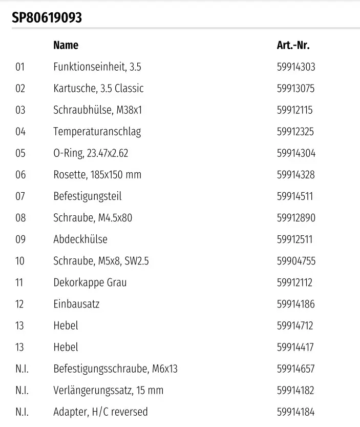 Produktliste mit Artikelnummern für verschiedene Komponenten, darunter Teile für ein HANSAPOLO System. Aufgelistet sind u.a. Schrauben, O-Ringe und Funktionseinheiten.