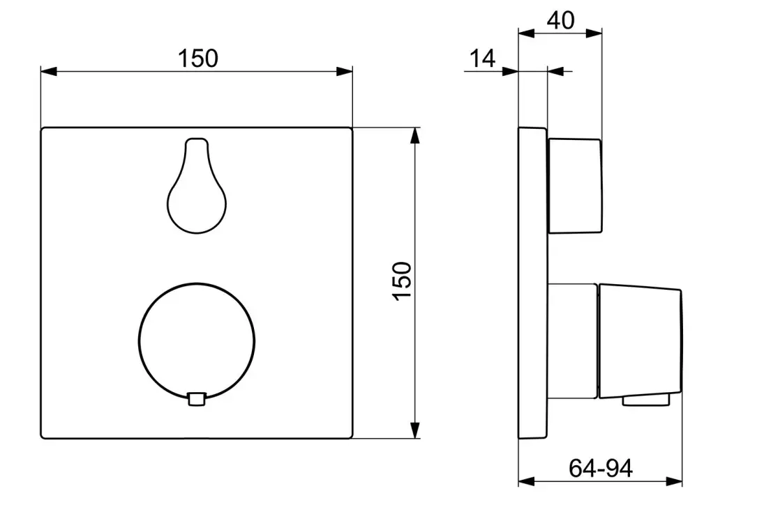 Brause-Batterie-Bauteil von HANSA mit quadratischer Frontansicht, bestehenden Öffnungen und seitlicher Verbindung, geeignet für Fertigmontage. Maße und Details im Diagramm.