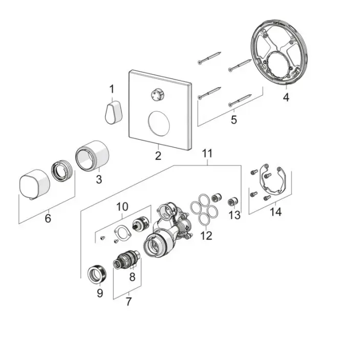 Bauteile eines Fertigmontagesets für eine HANSALIVING Brause-Batterie. Das Bild zeigt verschiedene Komponenten wie eine Wandplatte, Dichtungen und Befestigungselemente.