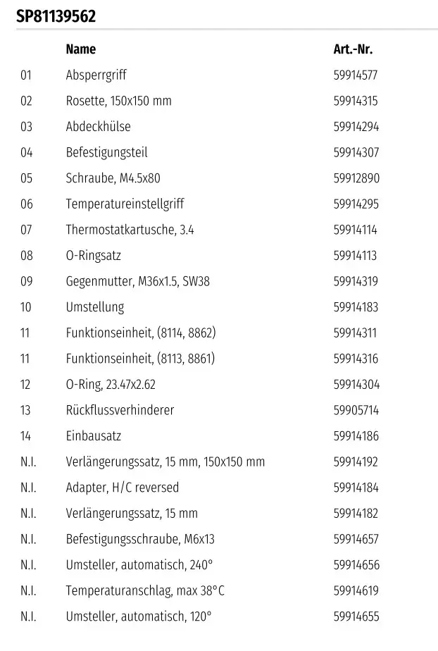 Produktliste mit Artikeln für eine Brause-Batterie von HANSA. Enthält verschiedene Komponenten wie Schrauben, O-Ringe und Funktionseinheiten.