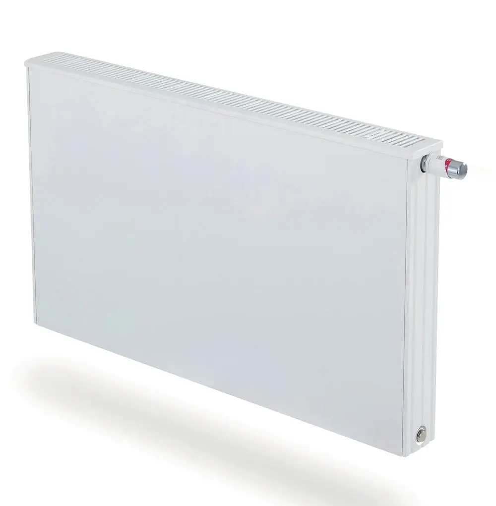 Weißer Heizkörper von HM Heizkörper mit flacher Oberfläche und seitlichem Anschluss, geeignet für die Wandmontage in modernen Räumen.