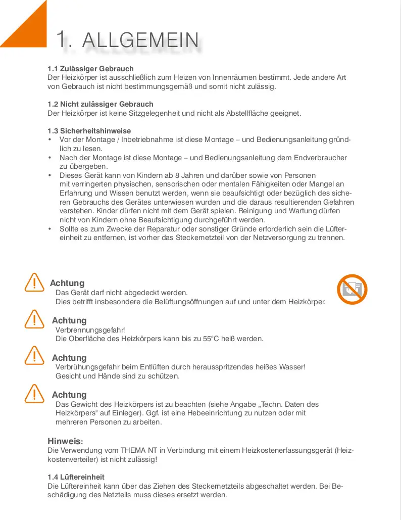 HM Heizkörper, Heizkörper für Innenräume, mit Sicherheits- und Montagehinweisen. Enthält Warnhinweise zur Nutzung und Pflege des Geräts.