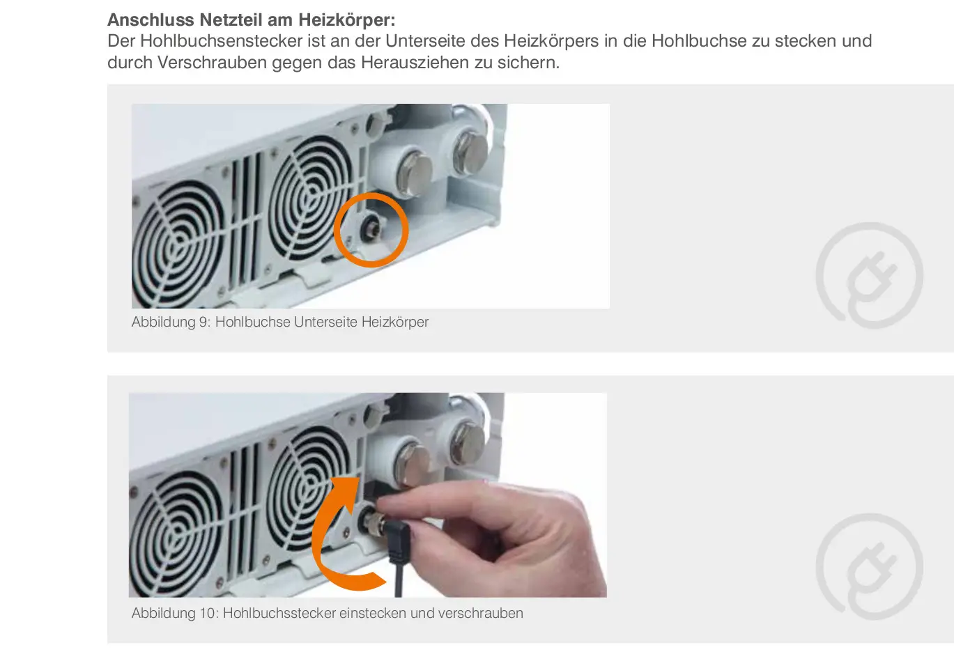 HM Heizkörper mit Hohlbuchsenanschluss auf der Unterseite. Stecker wird in die Buchse eingesteckt und durch Schrauben gesichert.
