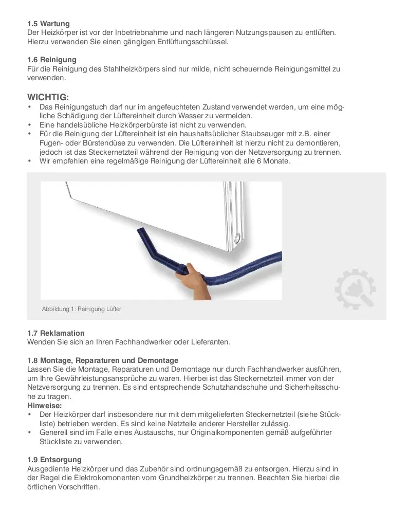 Reinigungshinweise für einen HM Heizkörper, einschließlich Wartung, Reinigung, Reklamation, Montage und Entsorgung. Abbildung zeigt ein Reinigungstuch und einen Staubsauger.