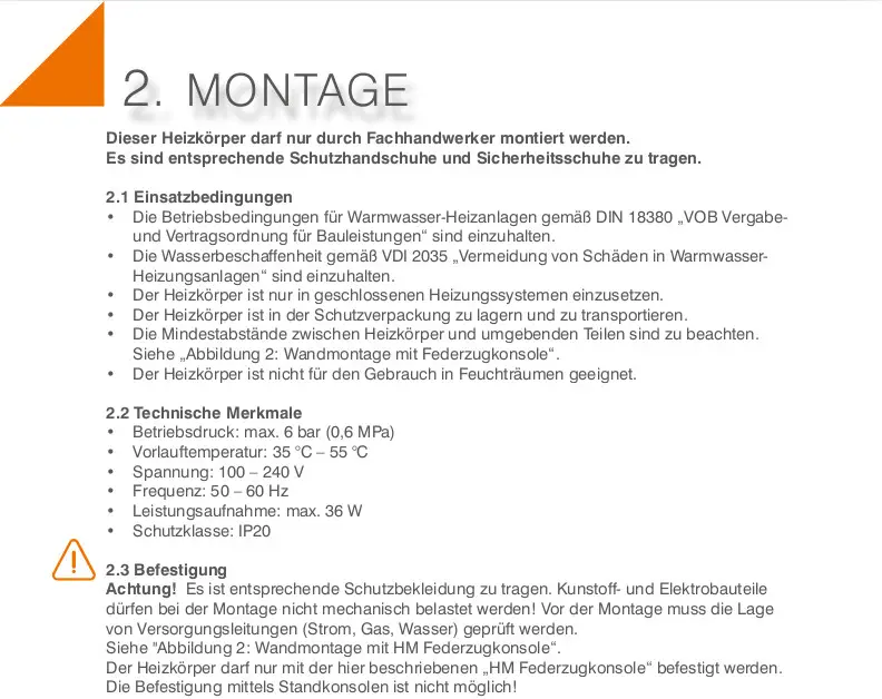 Heizkörper von HM Heizkörper, installiert in einem geschlossenen Heizsystem, mit Sicherheitsanweisungen und technischen Merkmalen für den sicheren Betrieb.