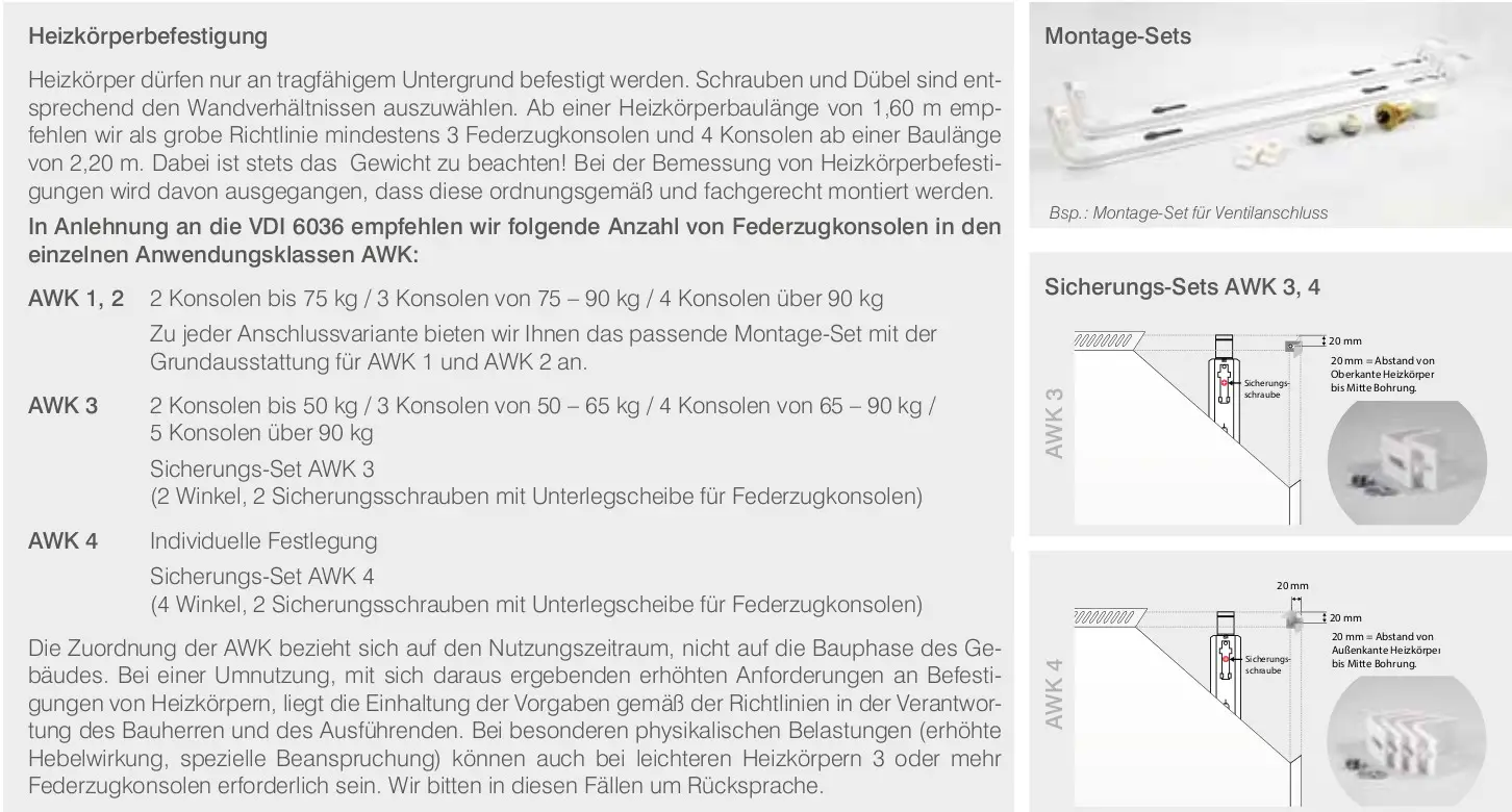 HM Heizkörper mit Montage-Set und Federzugkonsolen zur Befestigung an tragfähigem Untergrund, dargestellt mit Montageschablone und Sicherheitsanweisungen.
