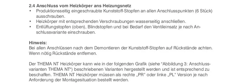 HM Heizkörper, typischer Plan Ventilheizkörper für Heizungsanschluss, montiert mit Kunststoffstopfen an den Anschlussstellen, in einem technischen Raum konzipiert.