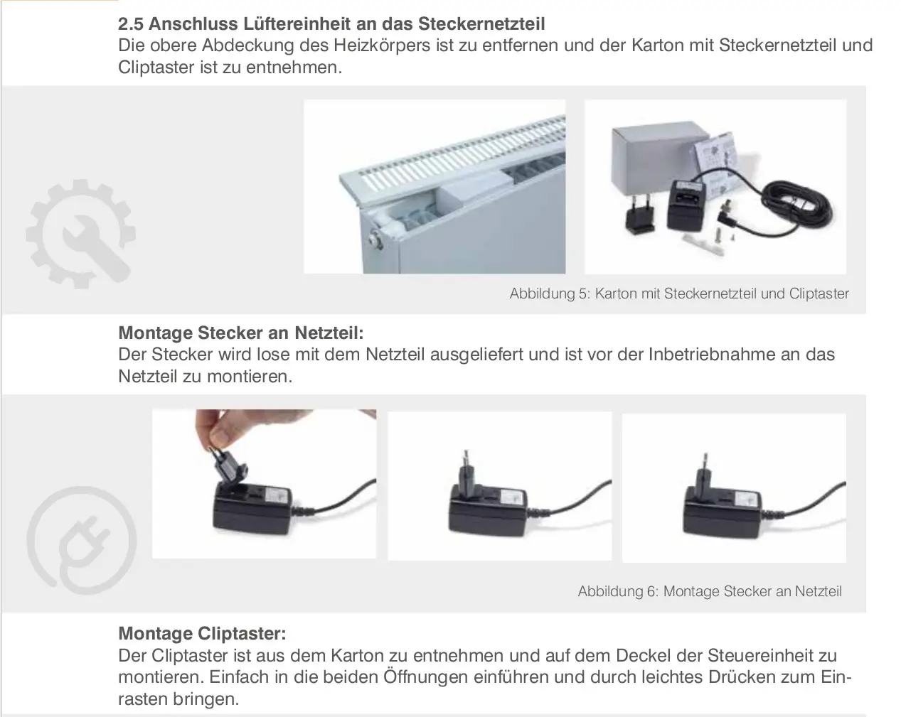 HM Heizkörper mit abnehmbarer Oberabdeckung, Anschluss für Netzteil und Clip-taster zur Montage. Abgebildet sind Netzteil und Stecker für die Inbetriebnahme.