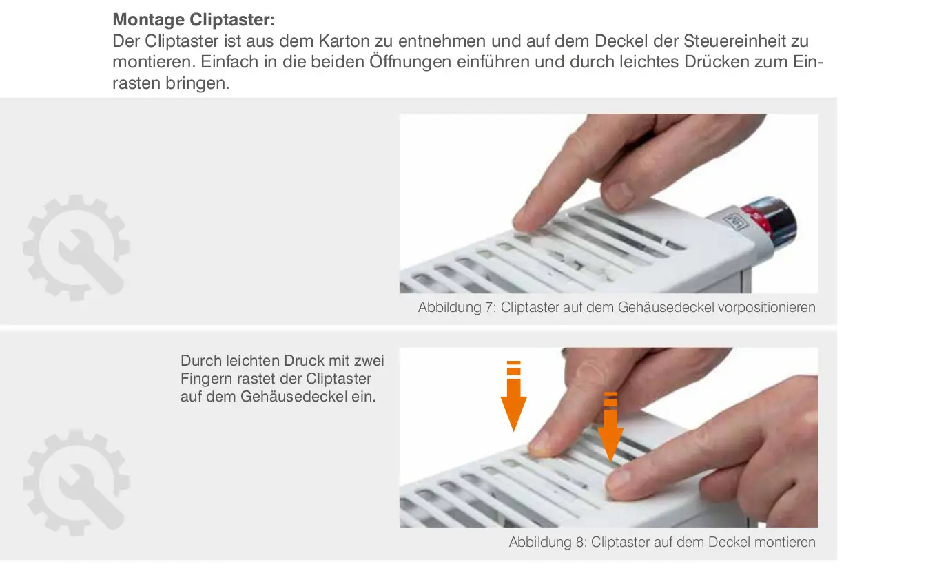 Vogelperspektive auf den HM Heizkörper mit einem Clip, der am Gehäusedeckel montiert wird. Zwei Finger drücken leicht auf den Clip, um ihn einzurasten.