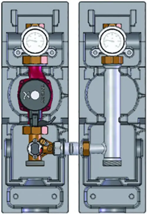 Heizungspumpengruppe mit einem Pumpenblock, Druckmessgeräten und verschiedenen Anschlüssen, zur Regelung der Heizungswasserzirkulation und -verteilung.
