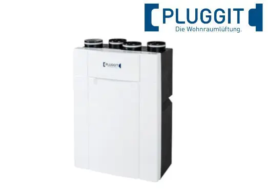 Wohnraumlüftungsgerät von Pluggit mit mehreren Anschlussöffnungen. Gerät in Weiß mit einem rechteckigen Design, geeignet für die Belüftung von Innenräumen.