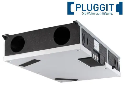 Pluggit Wohnraumlüftungsgerät mit zwei Lüftungsanschlüssen, montierbar an der Decke, für automatische Steuerung über integrierten Abluftfeuchtefühler.