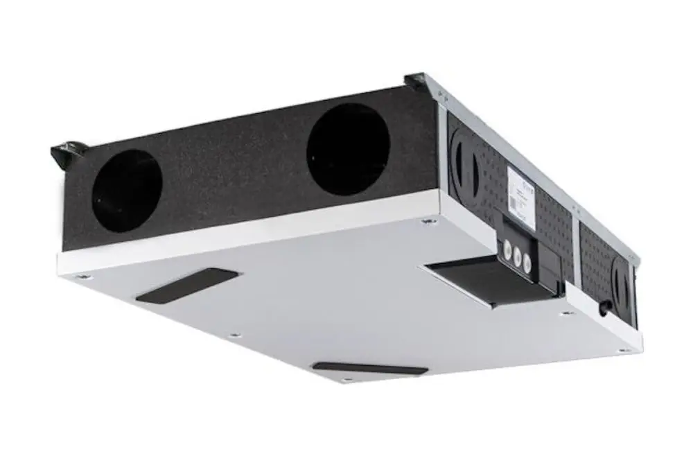 Wohnraumlüftungsgerät von Pluggit in moderner Bauform, geeignet für Deckenmontage, mit zwei runden Auslässen und einem integrierten Abluftfeuchtefühler.