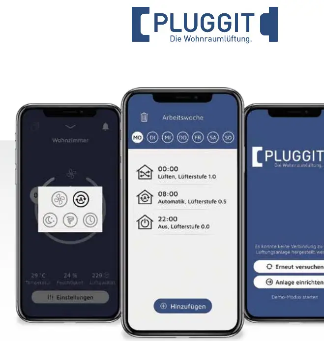 Benutzeroberfläche der Pluggit-App auf drei Smartphones, zeigt Steuerungsmöglichkeiten für Raumlüftung und wöchentliche Programme zur Luftsteuerung an.
