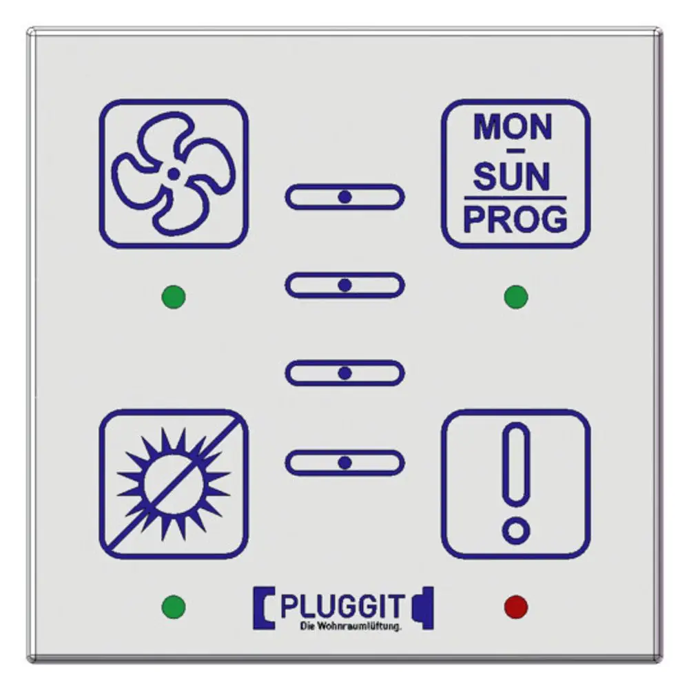 Tastatur mit Symbolen zur Steuerung von Lüftung und Programmierung, mit grünen und roten LEDs. Produkt von Pluggit, montiert auf heller Fläche.