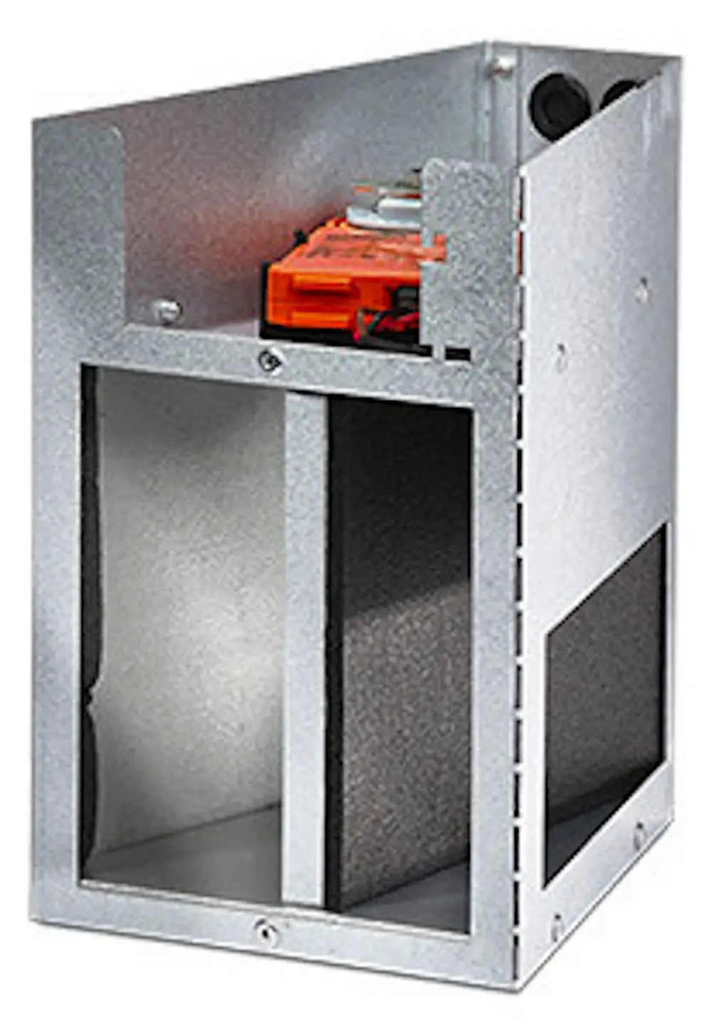 Automatischer Sommerbypass aus Metall mit Filterelementen, Teil des Lüftungssystems von Pluggit zur Regulierung der Raumlufttemperatur.