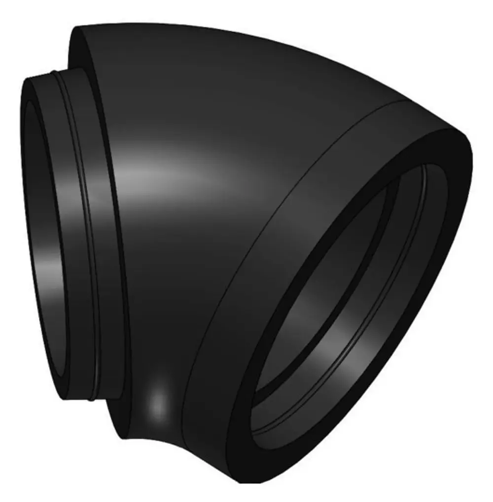 Schwarzer 45° Bogen aus Kunststoff, geeignet für Rohrverbindungen. Teil des Pluggit Systems zur Luftführung in Wohnräumen.