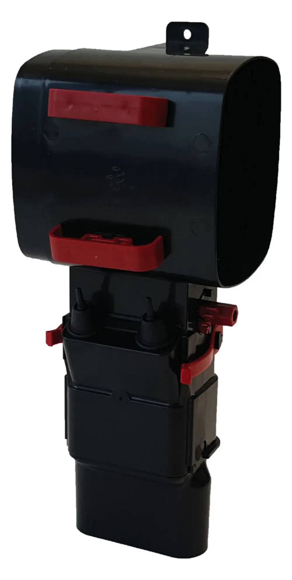 Schwarzes Verteilermodul von Pluggit mit rotem Griff und Anschlussmöglichkeiten, zur Installation in Belüftungssystemen vorgesehen.