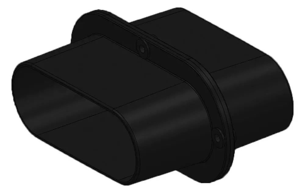 Schwarzer Adapter mit elliptischer Form, hergestellt von Pluggit, zur Verwendung in Lüftungssystemen. Wände zeigen Befestigungslöcher und eine durchgehende Oberfläche.