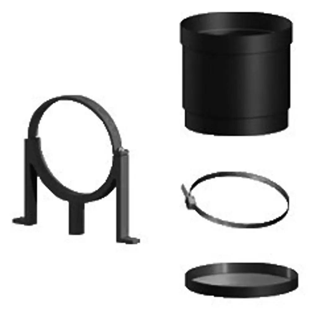 Montageset von Pluggit, bestehend aus verschiedenen Halterungen und Ringen, zur Befestigung eines Schlauchs, klar sichtbar in schwarzer Ausführung.