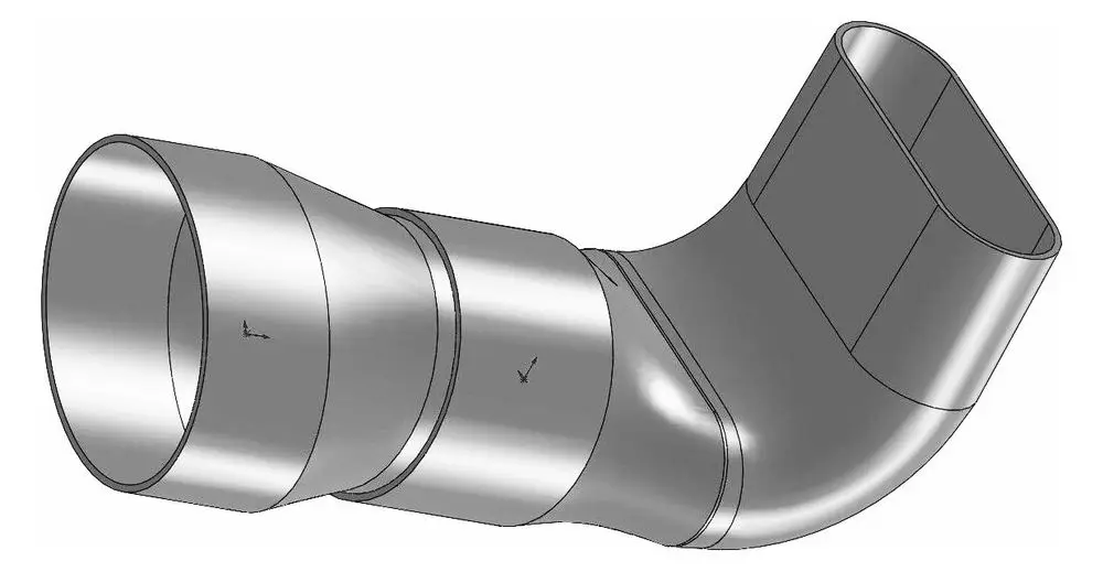 Drehbares Übergangsstück in Winkelbauform aus Metall, geeignet für Luftführungssysteme der Marke Pluggit. Verbindungselement zwischen zwei verschiedenen Rohrgeometrien.