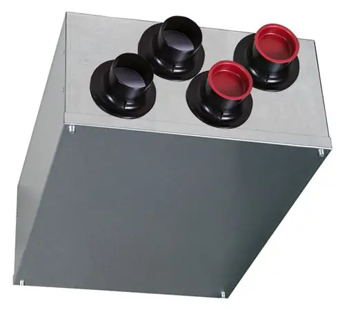 Verteilerkasten mit vier Anschlüssen, geeignet für Pluggit-Systeme. Der Kasten ist aus Metall gefertigt und weist eine praktische, funktionale Gestaltung auf.