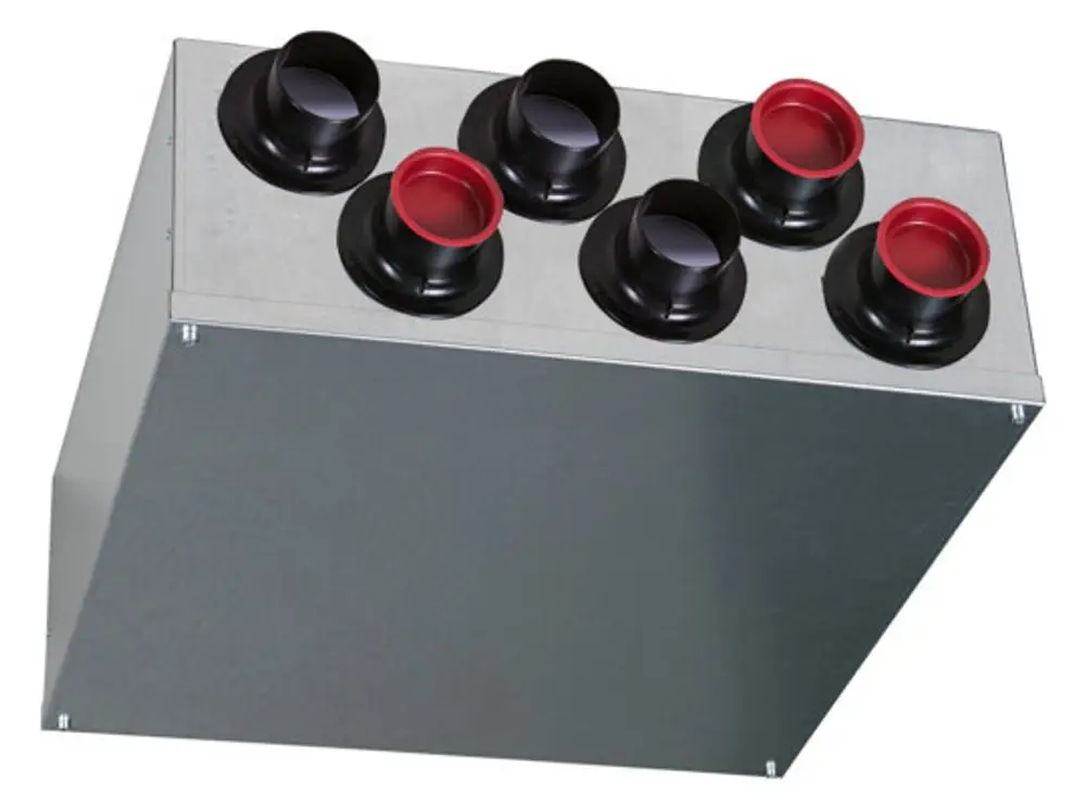 Verteilerkasten mit mehreren Anschlüssen, geeignet für Luftverteilungssysteme. Hergestellt von Pluggit, aus Metall mit schwarzen und roten Anschlussöffnungen.