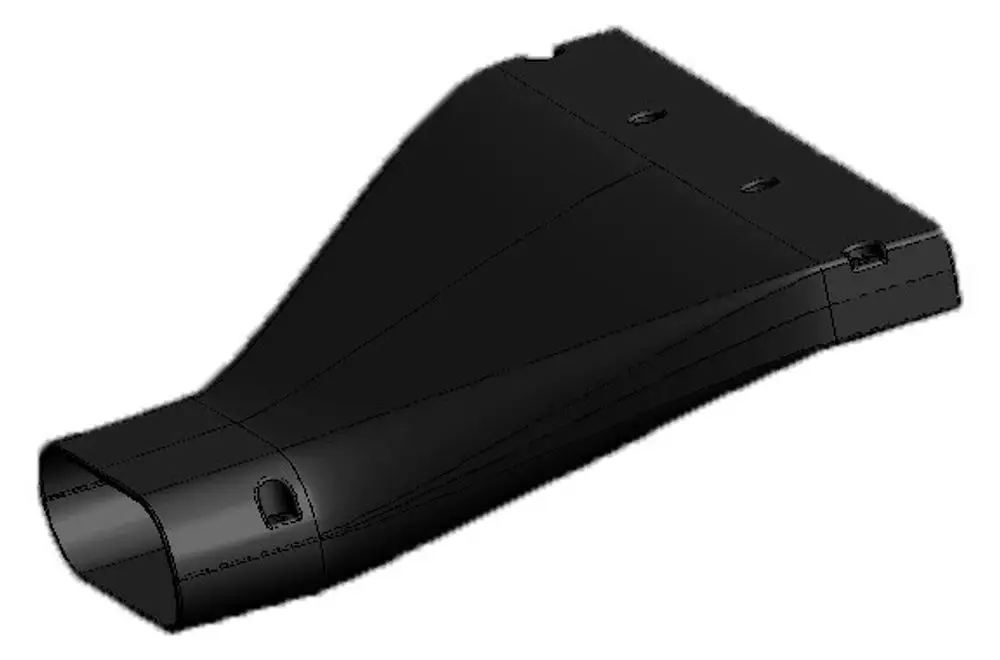 Schwarzes Bauteil mit einer glatten Oberfläche und abgerundeten Kanten, wahrscheinlich Teil eines Belüftungssystems von Pluggit.