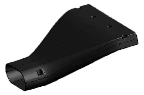 Schwarzes Bauteil mit einer glatten Oberfläche und abgerundeten Kanten, wahrscheinlich Teil eines Belüftungssystems von Pluggit.