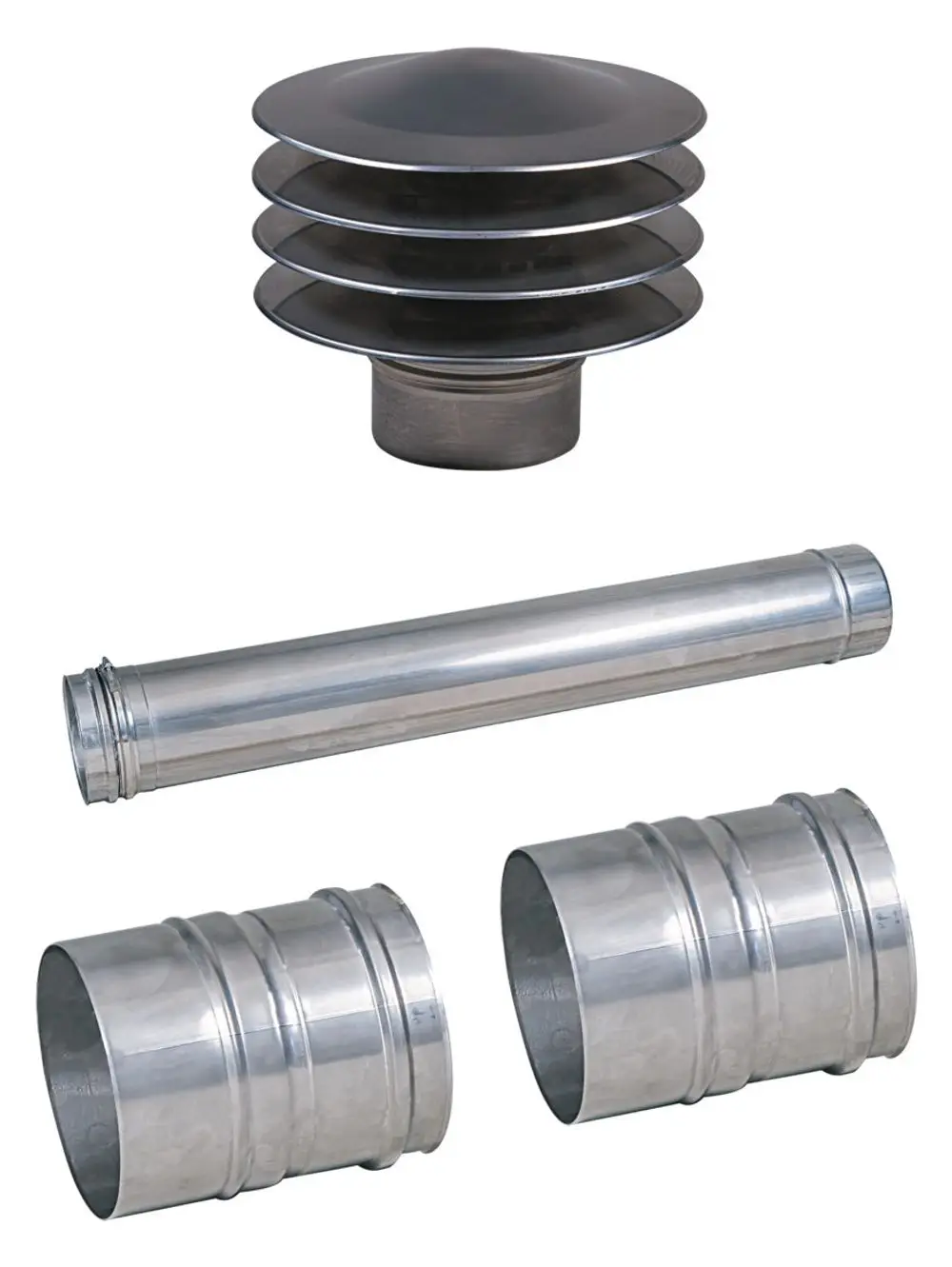 Set bestehend aus einem Lamellenansaugturm und mehreren Aluminiumrohren. Die Komponenten sind zur Ventilation konzipiert und können mit Pluggit-Systemen verwendet werden.