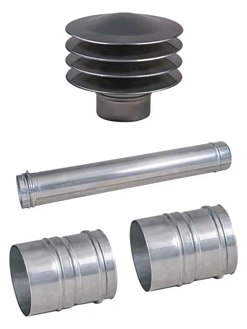 Set bestehend aus einem Lamellenansaugturm und mehreren Aluminiumrohren. Die Komponenten sind zur Ventilation konzipiert und können mit Pluggit-Systemen verwendet werden.