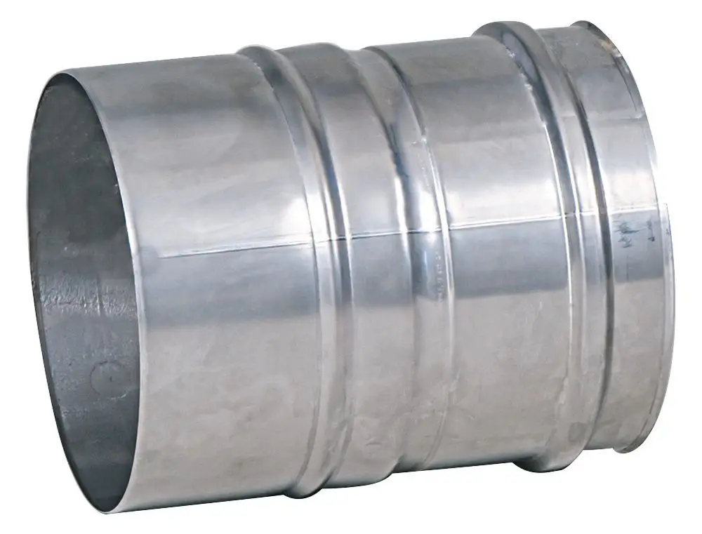 Pluggit Übergangsstück aus Metall, zylindrische Form mit mehreren Rillen, ausgestattet für den Anschluss von Rohrleitungen.