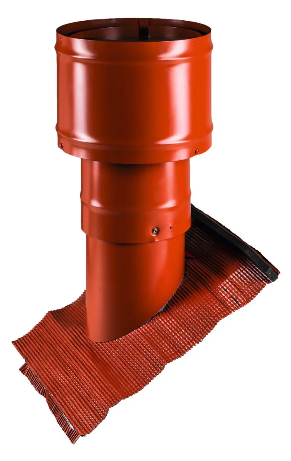 Gedämmte Dachhaube in Rot von Pluggit mit zylindrischer Form und seitlicher Anschlussfläche, geeignet für Belüftungsanwendungen.