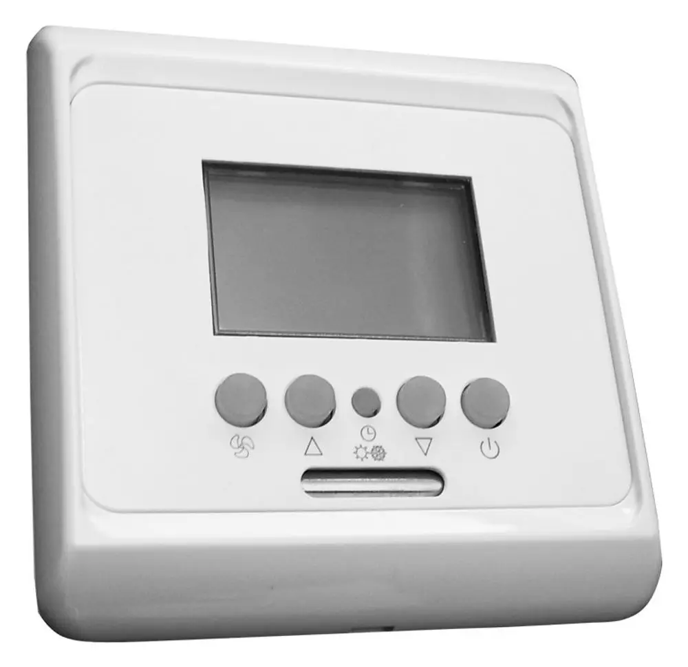 Elektronischer Raumregler von Pluggit, weißes Gehäuse mit digitalem Display und mehreren Tasten zur Steuerung. Eignet sich für verschiedene Heizsysteme.