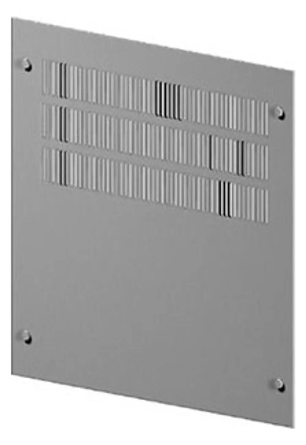 Metallblende mit belüfteten Bereichen, geeignet für die Pluggit Geräte PM830WE / PM840WE, montiert an einer Wand.