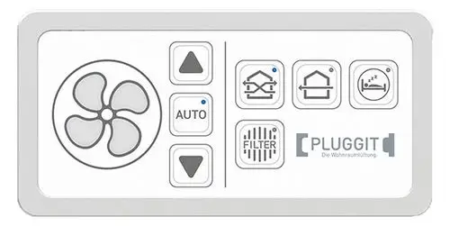 Bedienfeld für dezentrale Wohnraumlueftung mit verschiedenen Tasten wie AUTO, FILTER und Schlafmodus, sowie einem Ventilator-Symbol.
