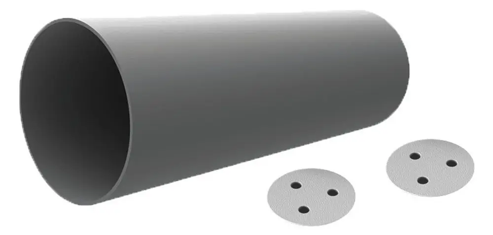 Montagerohr von Pluggit, zylindrisch, mit zwei runden Endplatten, jeweils mit drei Bohrungen, für die Verbindung in Luftführungssystemen.