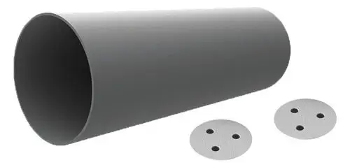 Montagerohr von Pluggit, zylindrisch, mit zwei runden Endplatten, jeweils mit drei Bohrungen, für die Verbindung in Luftführungssystemen.