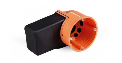 Elektronische Unterputzdose mit Tunnelstutzen in Schwarz und Orange, hergestellt von Pluggit, zur Installation in Wänden für elektrische Anschlüsse.