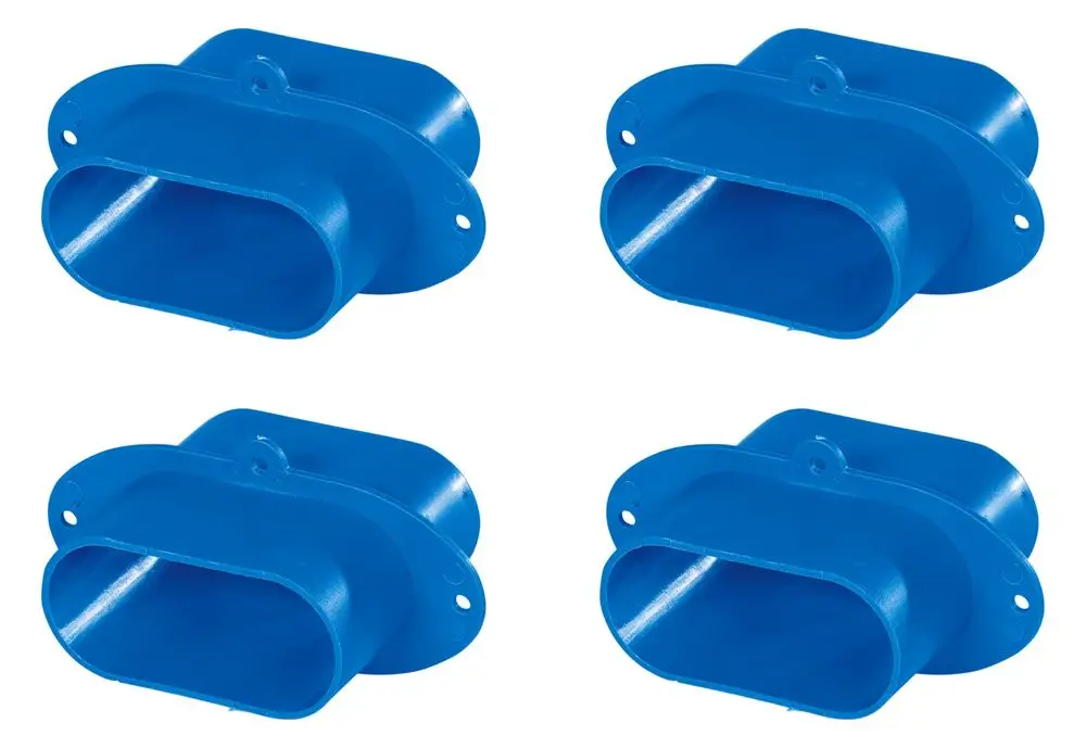 Vier blaue Verbinder von Pluggit für die Luftverteilung, oval geformt mit zwei Befestigungslöchern zur Montage.