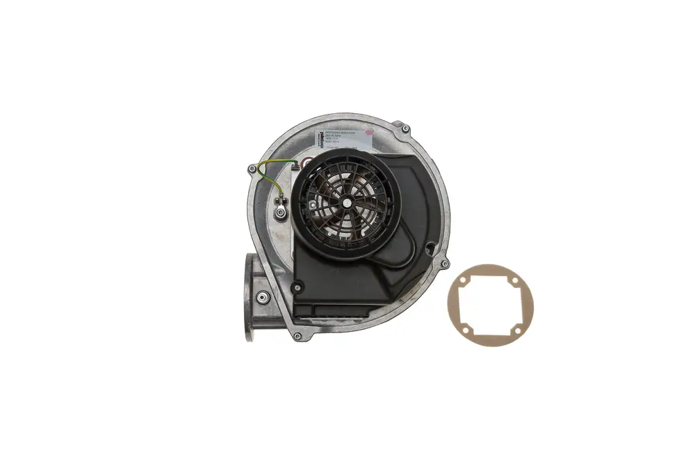 Brötje Gebläse in runder, metallischer Bauform mit einem zentralen Ventilator und einer Dichtungsgummiplatte daneben.