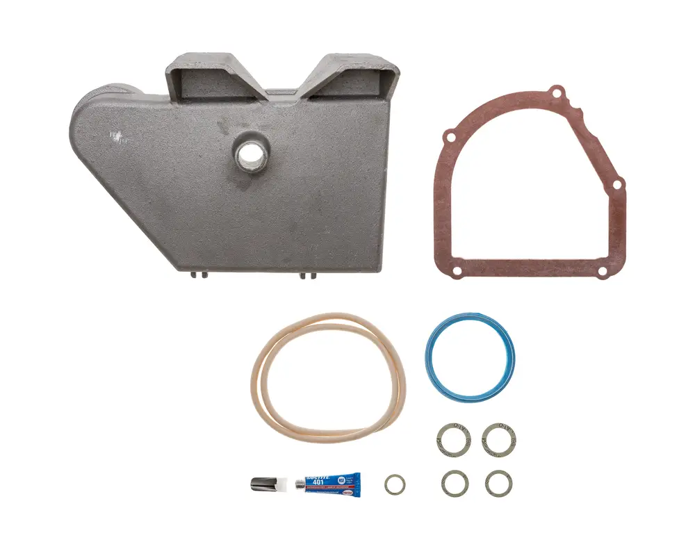 Brötje Kondenswassersammelschale mit Zubehör: graues Sammelgehäuse, Dichtungsringe, Gasket und Kleber, angeordnet auf weißem Hintergrund.