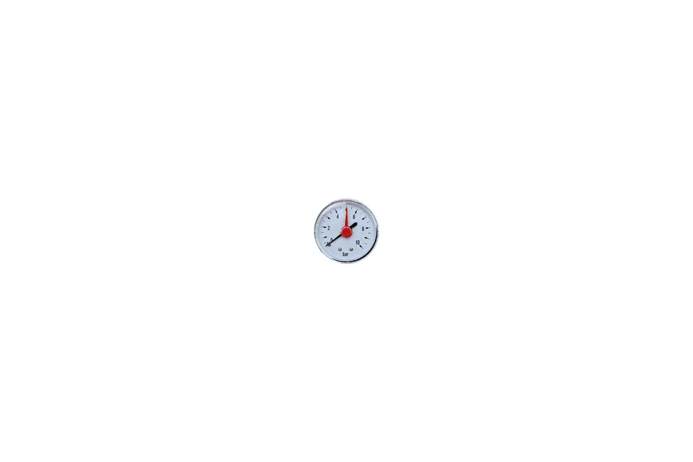Manometer von Brötje mit einem Ziffernblatt, das Druckwerte von 0 bis 10 bar anzeigt. Die Anzeige erfolgt über einen roten Zeiger auf einem weißen Hintergrund.