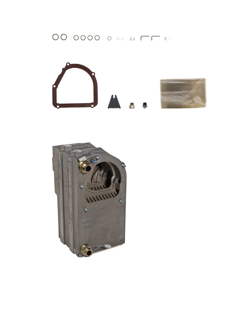 Brötje Wärmetauscher mit verschiedenen Anschlussstücken und Dichtungen. Der Wärmetauscher hat eine metallische Oberfläche und ist für die Installation vorgesehen.