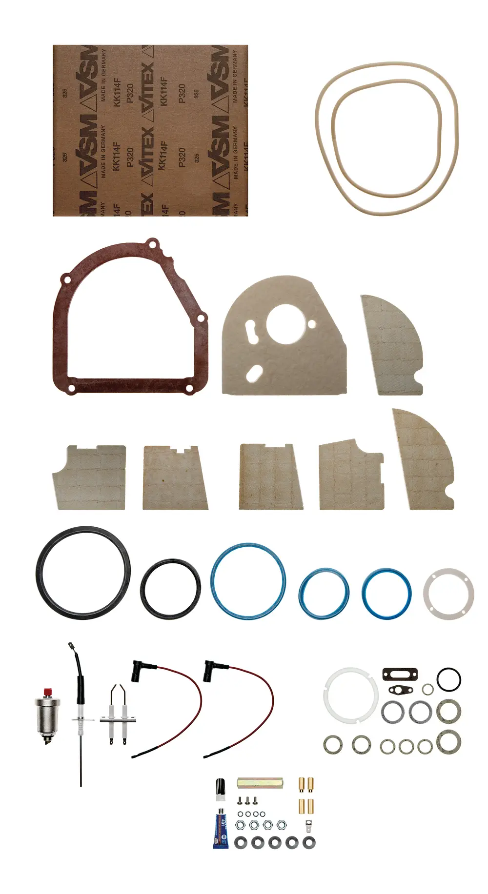 Wartungsset von Brötje mit verschiedenen Dichtungen, O-Ringen, und Bauteilen für Heizungsanlagen, angeordnet auf hellgrauem Hintergrund.