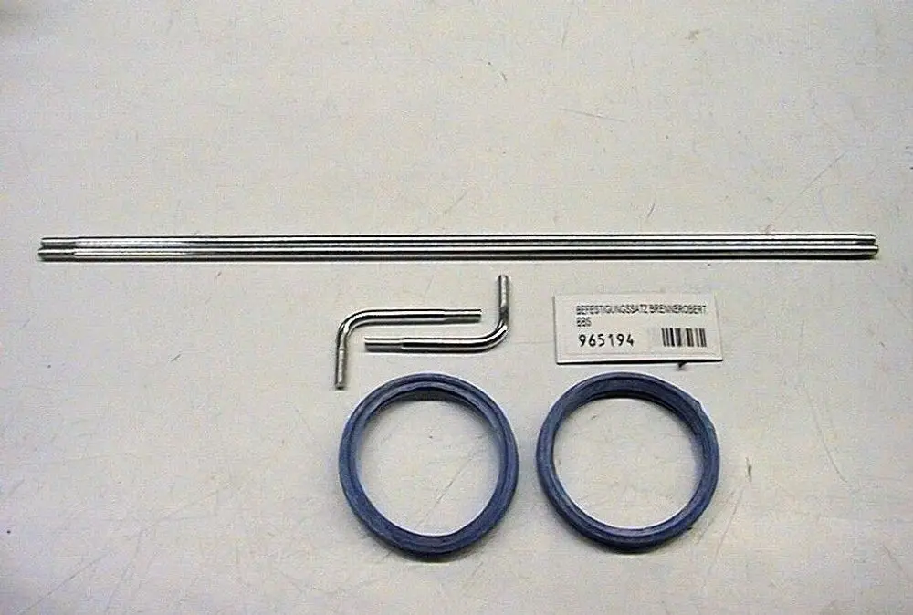 Montage-Set bestehend aus zwei langen Metallstäben, einem gebogenen Metallteil und zwei Ringen in Blau, hergestellt von Brötje.