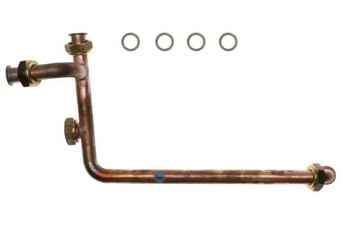 Brötje Vorlaufverteiler aus Kupfer mit zwei Anschlussstücken und mehreren Unterlegscheiben, geeignet für Heizungsinstallationen.