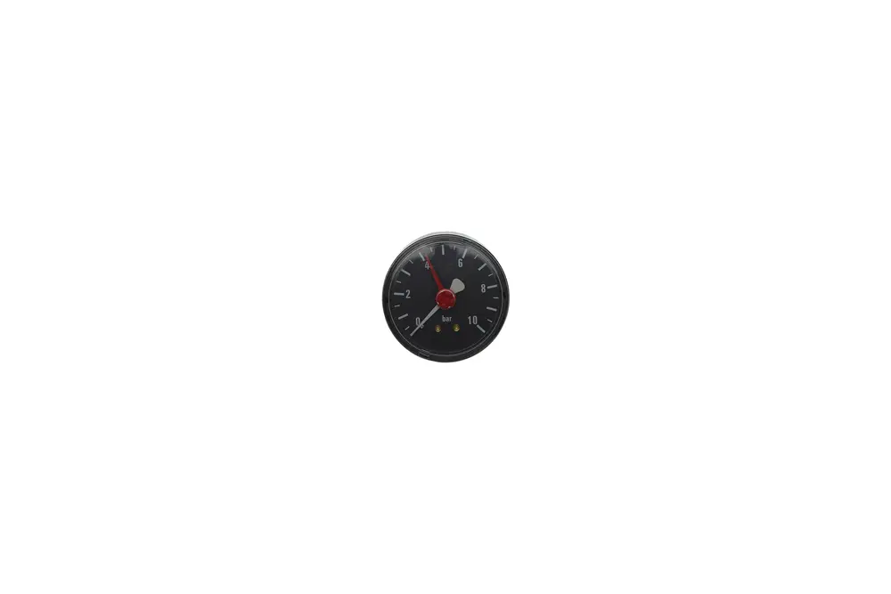 Runde Manometer von Brötje mit schwarzem Zifferblatt und rotem Zeiger, das Werte auf einer Skala bis 10 bar anzeigt.